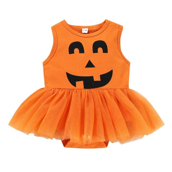 Generic Halloween Day Baby Girls Cute Romper Dress Sleeveless Crewneck Pumpkin Printed Tulle Dress Jumpsuit for Christmas Holiday Party Halloween（6-12 Months Orange）