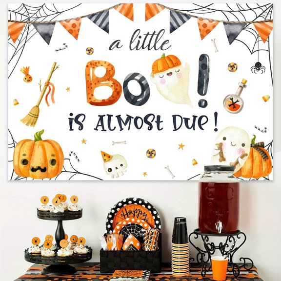 Generic Halloween Orange Black A Little Boo Is Almost Due Backdrop, 4.9 x 3.3 ft Vinyl Baby Shower Background Cloth With Grommets And Ribbon, Ghost Pumpkin Photo Booth Wall Decor Gender Reveal Party