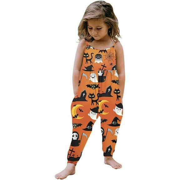 Generic Halloween Outfit for Children Boys Girls Jumpsuit Pants Clothes with Pocket Print Sleeveless Strap Breathable Comfortable Autumn Winter Clothes for Indoor Outdoor(1-2Years Orange)
