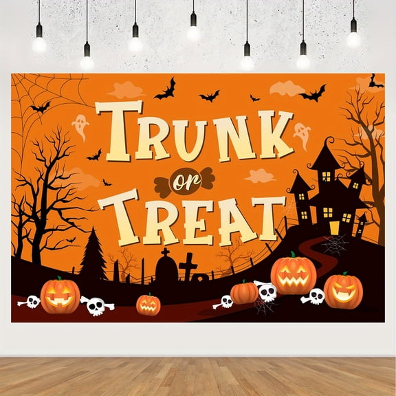 Generic Halloween Trunk Or Treat Backdrop 5 x 3ft Orange Black Vinyl Background Cloth for Party Photo Wall Doorway with Four Corner Grommets and 19.7ft White Ribbon Indoor Outdoor Celebration Setup