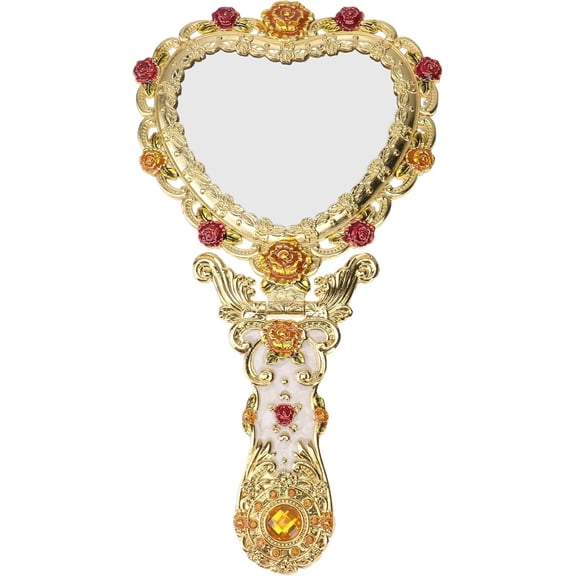 Generic Hand Mirror Vintage Handheld Mirror Heart Shaped Travel Mirror Salon Barber Hairdressing Mirror Cosmetic Mirror for Pocket Purse Birthday Golden