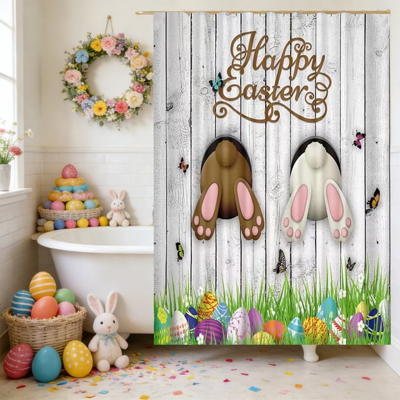 Generic Happy Easter Shower Curtain Cartoon Rabbit Home Bathroom Decorations Easter Bunny Bathtub Curtain Set with 12 Hooks