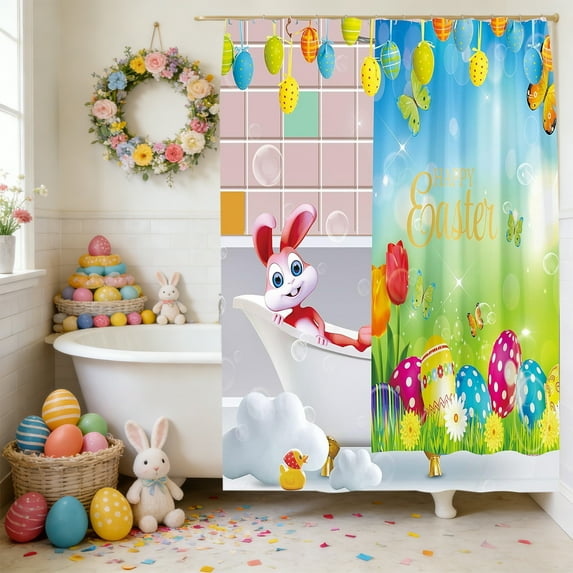 Generic Happy Easter Shower Curtain Cartoon Rabbit Home Bathroom Decorations Easter Bunny Bathtub Curtain Set with 12 Hooks