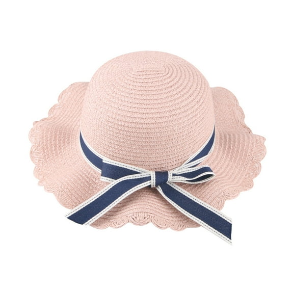 Generic Hats for Children's Toddler Baby Kids Girls Solid Bow Ribbons Breathable Hat Bucket Cap Babys Girl Sun Hat Summer Beach Wide Brim Strap Outdoor Bucket Hat(,Pink)