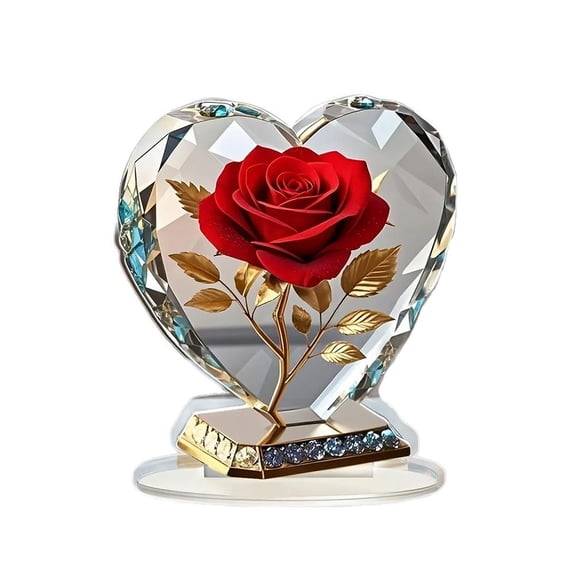 Generic Heart Shaped I Love You Red Rose Flower Acrylic Sign Table Centerpiece 2D Flat Sign with Base Desktop Ornament for Valentines, Mothersday, Birthday Gifts
