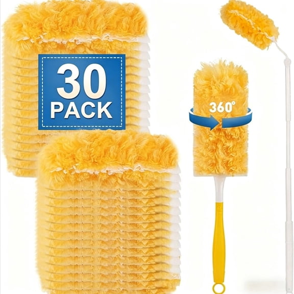 Generic Heavy Duty Duster Refills 30 Pack with 1 Handle, Unscented Disposable Dusting Kit for Cleaning Furniture, Window Blinds, Ceiling Fan, Multi Surface 360 Degree Static Feather Duster, Orange