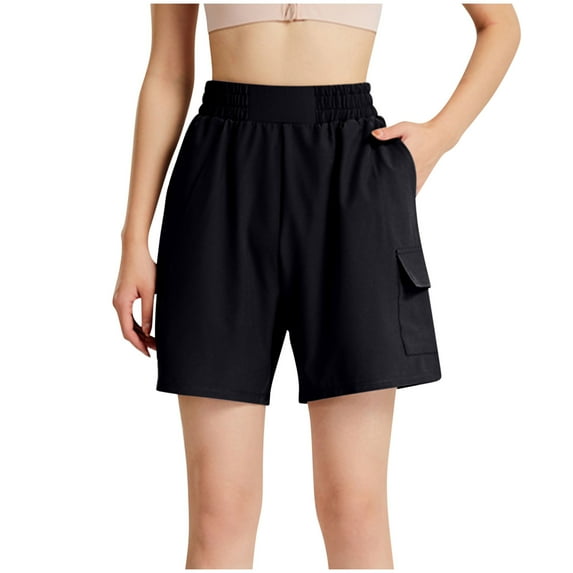 Generic Hiking Shorts for Women Trendy High Waisted Pull On Elastic Waist Beach Athletic Cargo Pocket Shorts