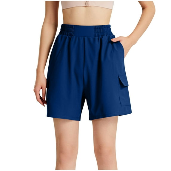 Generic Hiking Shorts for Women Trendy High Waisted Pull On Elastic Waist Beach Athletic Cargo Pocket Shorts