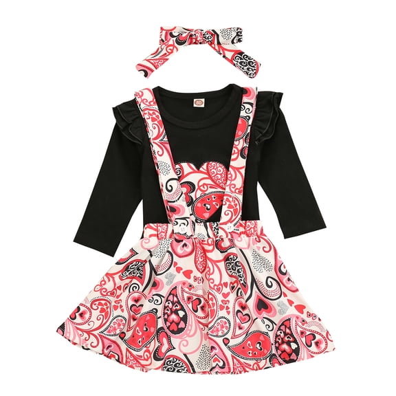 Generic Holiday Fashion for Kids Toddler Baby Girls Valentine's Day Long Sleeve Round Neck Hearts Tops Floral Suspender Skirts Outfits(3-4 Years,Black)