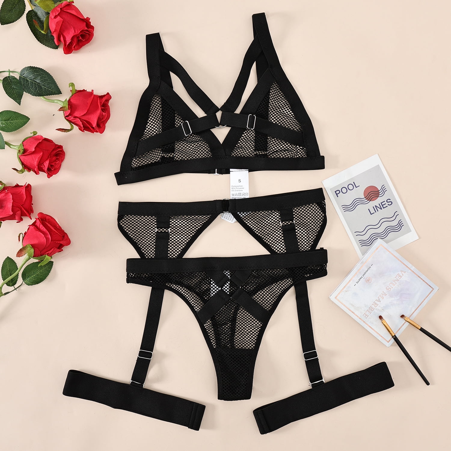 New women's sexy three-point erotic underwear with steel ring split temptation see-through suit
