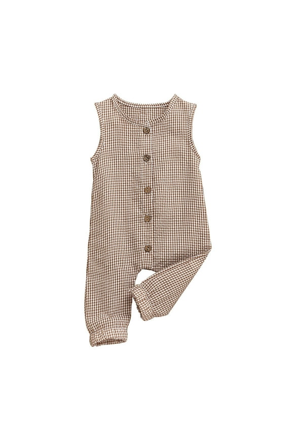 Infant Baby Boy Girl Summer Linen Sleeveless Button Down Romper Jumpsuit Plaid Sleeveless Bodysuit for Toddler Trendy Button Up Onesie Summer Girls Romper Vest Soft Thin Infant Jumpsuit