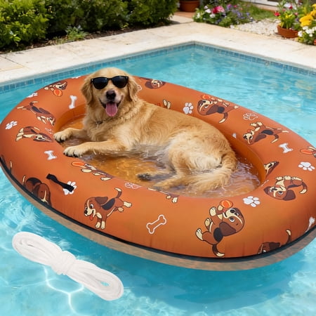Generic Inflatable Dog Pool Float, Heavy Duty Puncture Resistant Water Raft with Puppy Print and Water Sprinkling Hole for Small to Large Dogs, Orange