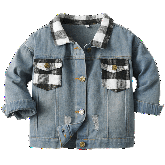 Generic Jackets for Children's Casual Plus Size Boys Spring Fall Unisex Patchwork Plaid Lapel Denim Long Sleeve Top Cardigan for Fashion Cozy Travel Jacket(3-4 Years,Black)