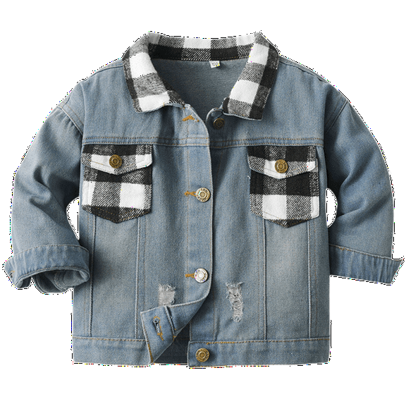 Generic Jackets for Children's Casual Plus Size Boys Spring Fall Unisex Patchwork Plaid Lapel Denim Long Sleeve Top Cardigan for Fashion Cozy Travel Jacket(4-5 Years,Black)