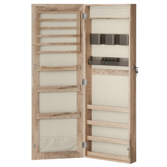 Generic Jewelry Cabinet Lockable Wall-Mounted Jewelry Organizer Armoire Unit with 2 Plastic Cosmetic Storage Trays Full-Length Frameless Mirror Toasted Oak Color