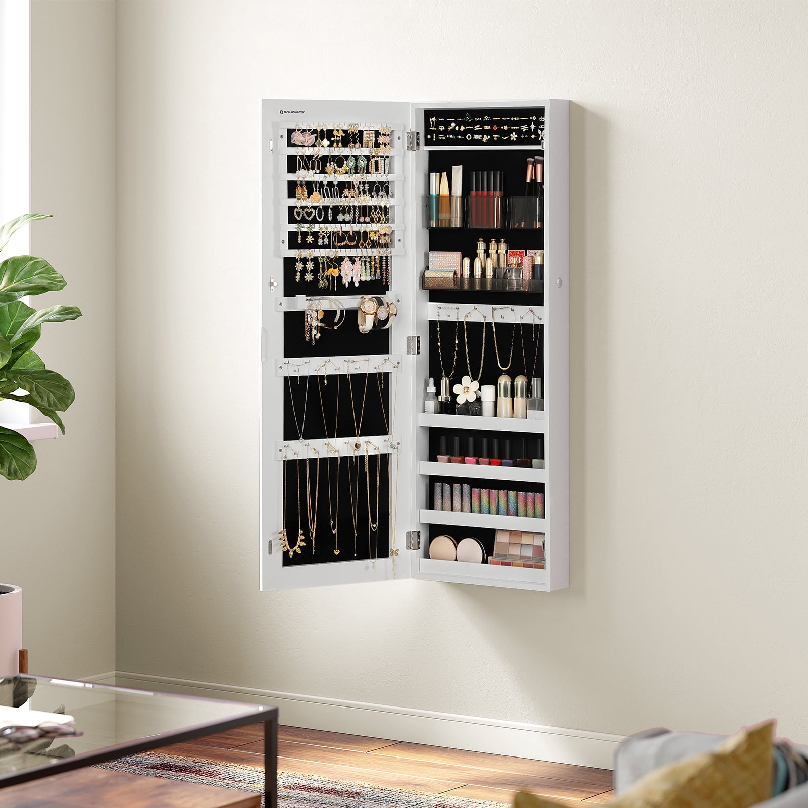 White MDF Wall-Mounted Jewelry Cabinet with Mirror and Storage