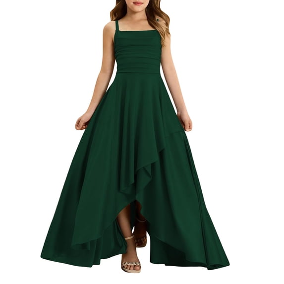 Generic Junior Bridesmaid Dresses Ruffle Slit Satin Fl𝐨wer Girl Dress Long Square Neck Spaghetti Straps Formal Dresses Tween 2026
