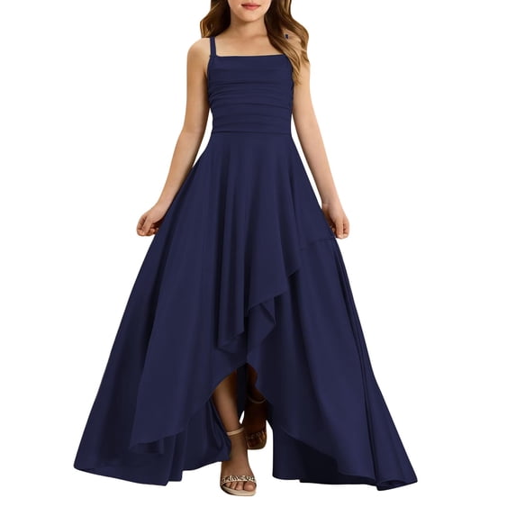 Generic Junior Bridesmaid Dresses Ruffle Slit Satin Fl𝐨wer Girl Dress Long Square Neck Spaghetti Straps Formal Dresses Tween 2026