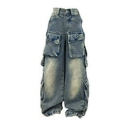 Generic Junior Girls' Retro Denim Trousers Big Girls' Baggy Jeans Kids Girls Ripped Distressed Washed Baggy Wide Leg Casual Jeans Size 5-16 Years Teenage Girls' Wide Leg Denim Pants