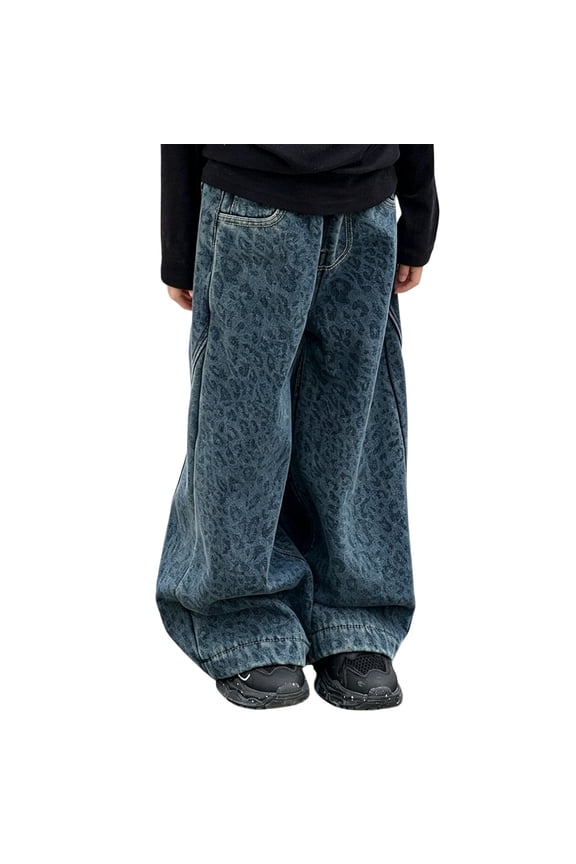 Kids Baggy Jeans Boys Girls Leopard Print Denim Pants Vintage Washed Loose Fit Wide Leg Jeans Hip Hop Dance Streetwear Pants