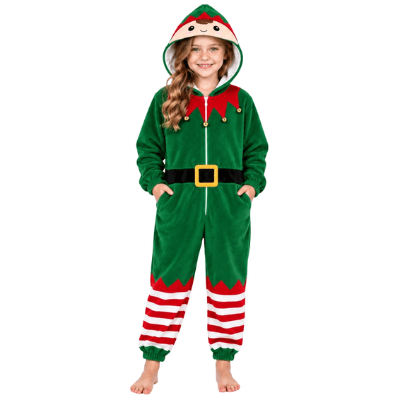 Generic Kids Christmas Jumpsuit Boys Girls Hooded Outfit Soft Plush Onesie Xmas Long Sleeves Romper for Holiday