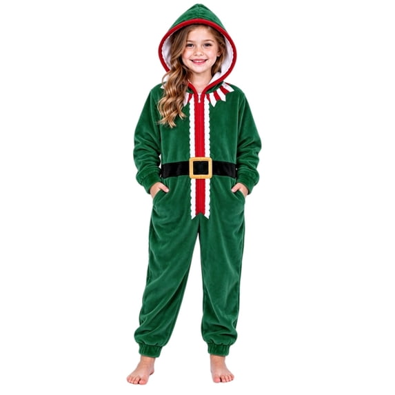 Generic Kids Christmas Jumpsuit Boys Girls Hooded Outfit Soft Plush Onesie Xmas Long Sleeves Romper for Holiday