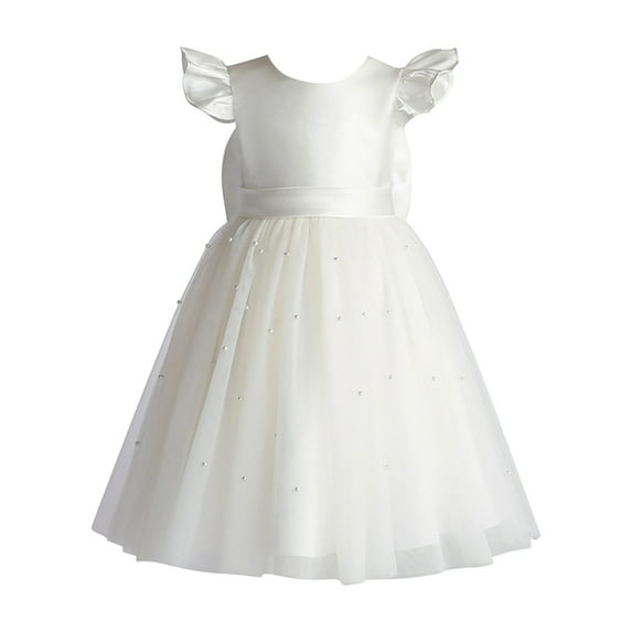 Generic Kids Christmas Night Gowns Girls Summer Fly Sleeve Satin Beaded Bow Gown Dresses Birthday Party Kid for Wedding Evening Formal Dance (3-4 Years,White)