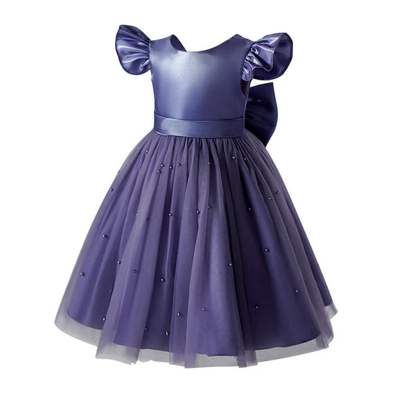 Generic Kids Christmas Night Gowns Girls Summer Fly Sleeve Satin Beaded Bow Gown Dresses Birthday Party Kid for Wedding Evening Formal Dance (6-7 Years,Purple)