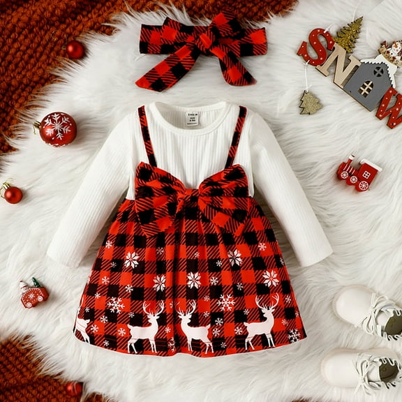 Generic Kids Christmas Outfits for Girls Toddler Baby Girl Christma Snowflake Outfit Long Sleeve Princess Dress Headband 2Pcs Set for Outdoor Fashion Casual Soft Comfortable(12-18 Months,Red)