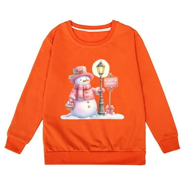Generic Kids Clothing Set Girls Small Children Long Sleeve Fall And Winter Christmas Snowman Happy Holidys Printed Casual Loose Sweater(8-9 Years,Orange)