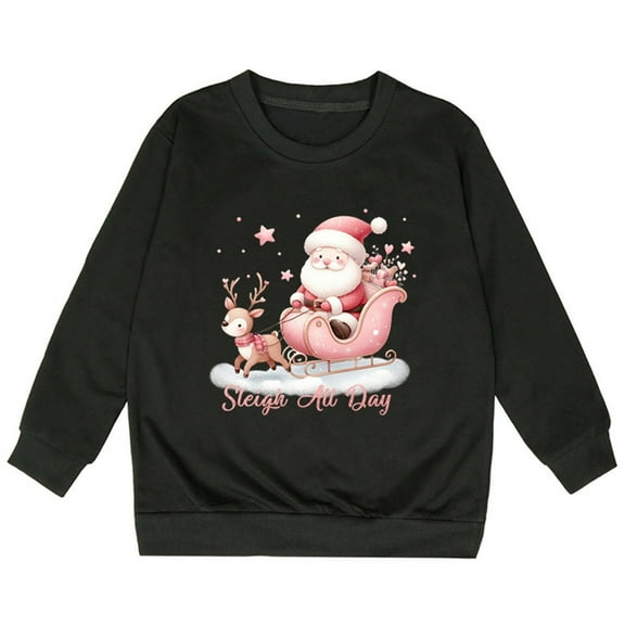 Generic Kids Fall Clothes Girls' Middle And Small Children's Fall And Winter Long Sleeve Christmas Santa Sleigh All Day Print Casual Loose Sweater(8-9 Years,Black)