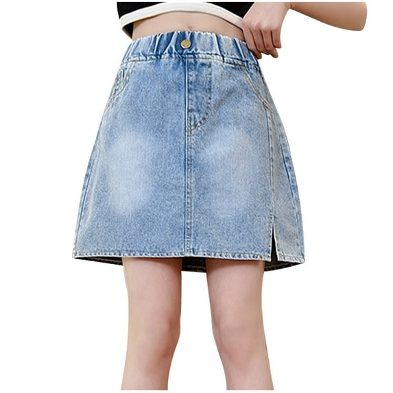 Generic Kids Girls Denim Skirt Skort Elastic High Waist Short Mini Skirt with Pockets Summer Casual Jean Skirt for 5-16 years