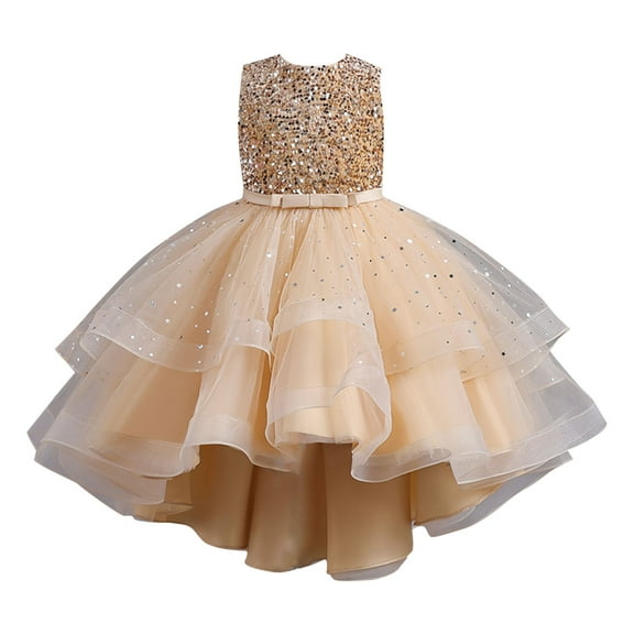Generic Kids Girls Flower Sequin Dress Birthday Princess Dresses Tulle Pearl Sleeveless Party Pageant Gown for 4-15Years