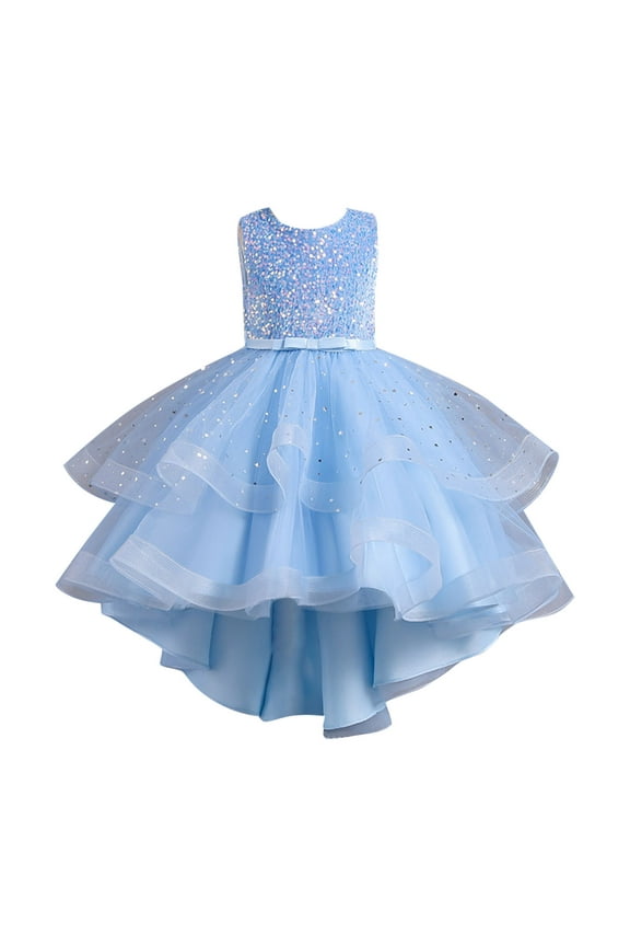 Kids Girls Flower Sequin Dress Birthday Princess Dresses Tulle Pearl Sleeveless Party Pageant Gown for 4-15Years