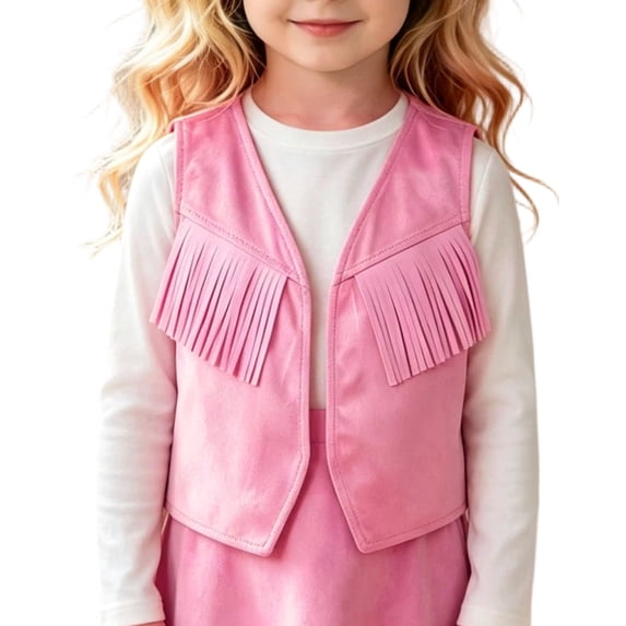Generic Kids Girls Fringe Sleeveless Vest Western Retro Cowgirl 70s Hippie Faux Suede Tassels Cardigan Jacket Denim Jacket