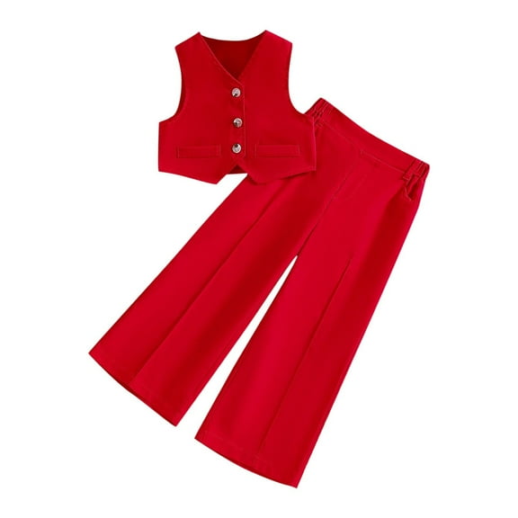 Generic Kids Girls Outfits Solid Suit Sets Summer Button Sleeveless Vest Blazer High Waist Pants Suits Two Piece for Young Girls
