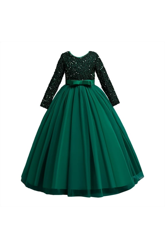 Kids Girls Vintage Flower Lace 3/4 Sleeves Formal Wedding Party Dance Dress Autumn Winter Clothes for Catwalk Performance Holiday Party Wedding Christmas(13-14 Years Green)