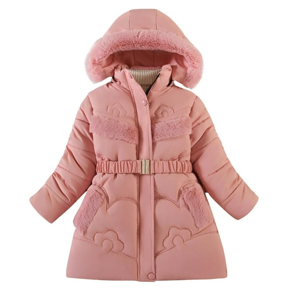 Generic Kids Girls Winter Coats Heavyweight Fleece Lined Jackets Windproof Hooded Outerwear with Waist Belt for 5-12 Years