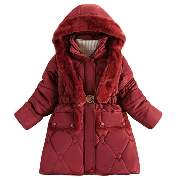 Generic Kids Girls Winter Coats Heavyweight Fleece Lined Jackets Windproof Hooded Outerwear with Waist Belt for 5-12 Years