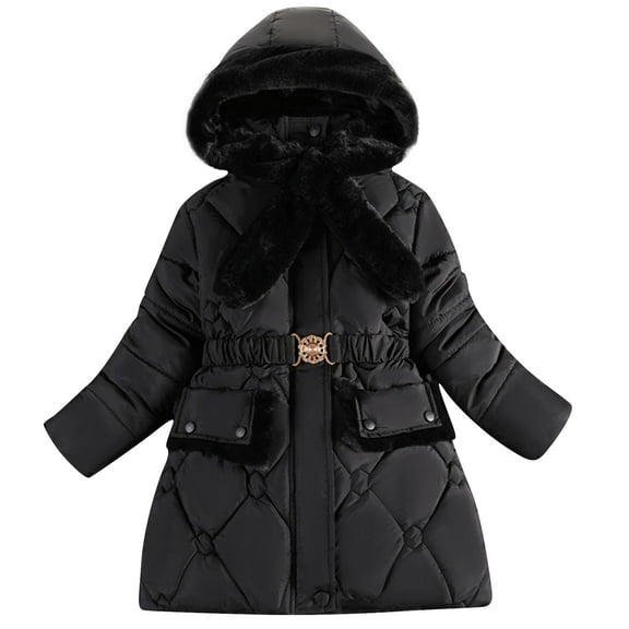 Generic Kids Girls Winter Coats Heavyweight Fleece Lined Jackets Windproof Hooded Outerwear with Waist Belt for 5-12 Years