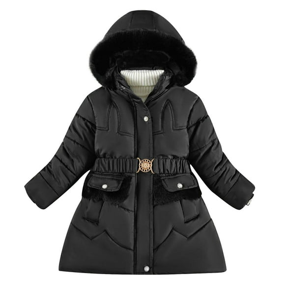 Generic Kids Girls Winter Coats Heavyweight Fleece Lined Jackets Windproof Hooded Outerwear with Waist Belt for 5-12 Years