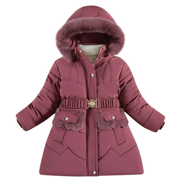 Generic Kids Girls Winter Coats Heavyweight Fleece Lined Jackets Windproof Hooded Outerwear with Waist Belt for 5-12 Years