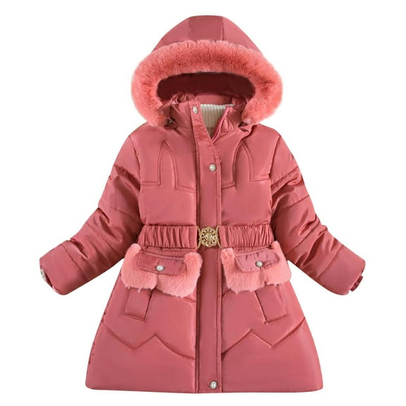 Generic Kids Girls Winter Coats Heavyweight Fleece Lined Jackets Windproof Hooded Outerwear with Waist Belt for 5-12 Years