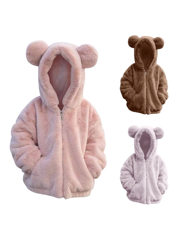 Kids Girls Zip up Fuzzy Fleece Jacket Cute Teddy Coat Soft Bear Ears Hoodie Sweatshirt Toddler Winter Coat Hooded Rain Jacket