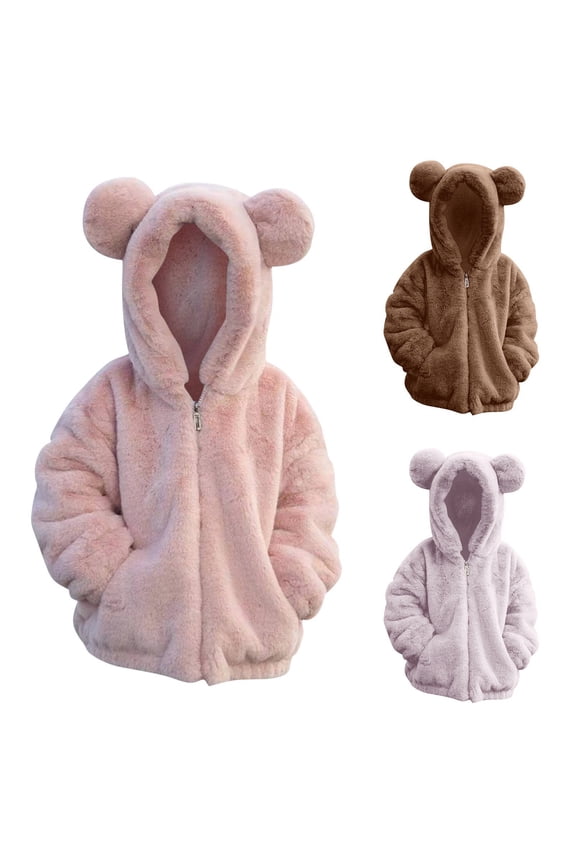 Kids Girls Zip up Fuzzy Fleece Jacket Cute Teddy Coat Soft Bear Ears Hoodie Sweatshirt Toddler Winter Coat Hooded Rain Jacket