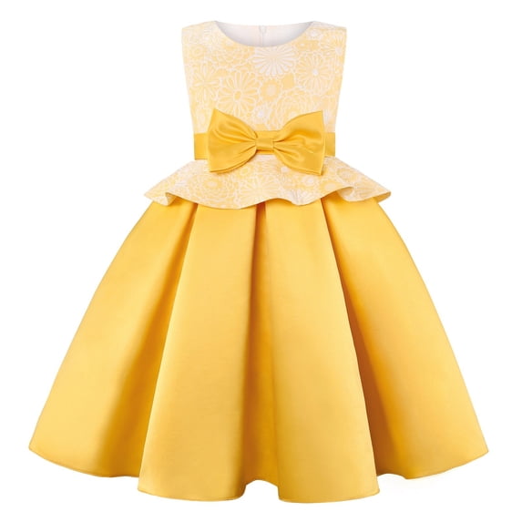 Generic Kids Gowns for Girls Child Sleeveless Pageant Dress Birthday Party Kid Floral Prints Bowknot Dresses for Wedding Evening Formal Dance Gown(4-5 Years,Yellow)