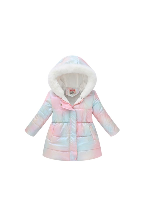 Kids' Hooded Padded Down Jacket For Winter Children's Clothing For Boys And Girls Multicolor Waisted Printed Tie Dye Long Woolen Collar Hooded Cotton Padded Coat Coat Windproof Plush Outwear