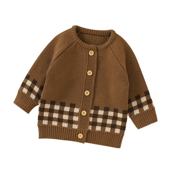 Generic Kids Outdoor Sweaters Baby Girl Boy Knit Cardigan Sweater Warm Pullover Tops Toddler Plaid Outerwear Jacket Coat Outfit Clothes for Cute Fashion Pullovers(6-9 Months,Coffee)