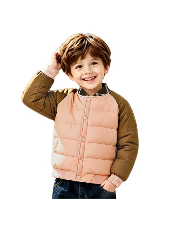 Kids Puffer Bomber Jacket Girls Boys Color Blocks Button Up Quilted Jacket