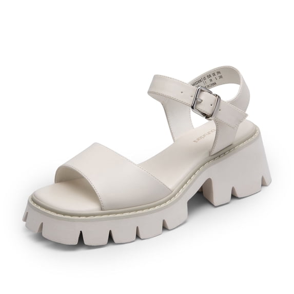 BURUDANI Women's Low Platform Chunky Block Ankle Strap Heel Sandals Open Toe BEIGE-PU Size 6